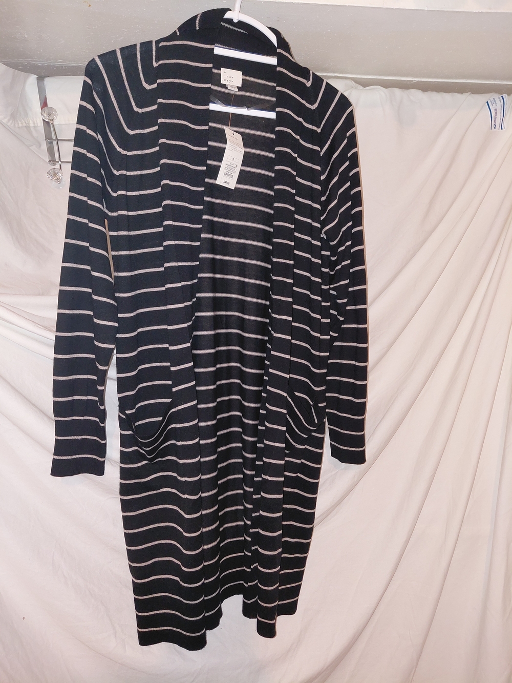 a new day Black and Cream Striped Open-Front Long Cardigan